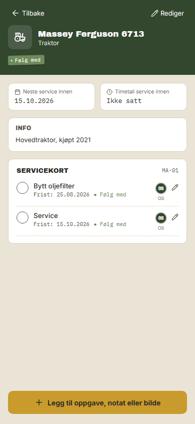 Detaljvisning for en traktor med servicekort