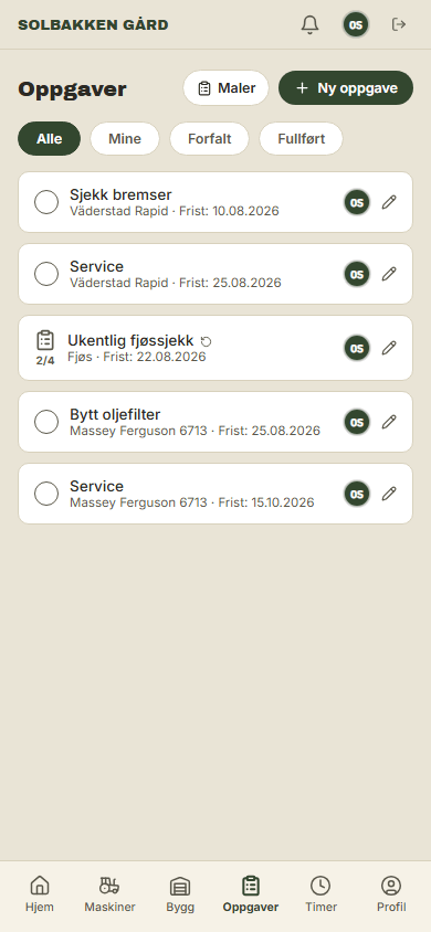 Oppgaveliste i Gårdsdrift med frister og sjekklister