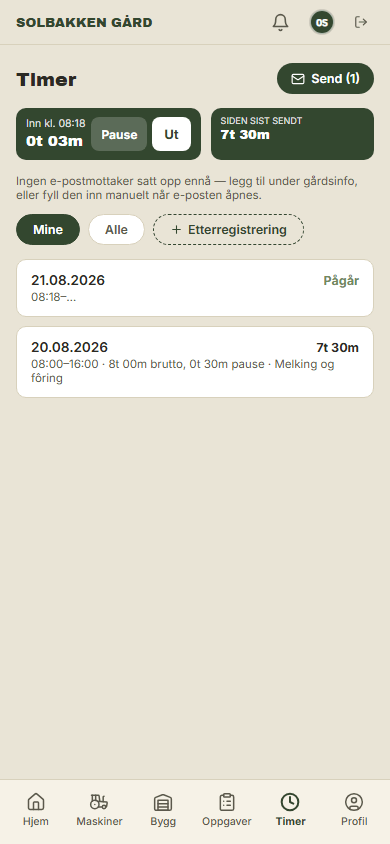 Timeregistrering med sjekk inn/ut og timeliste